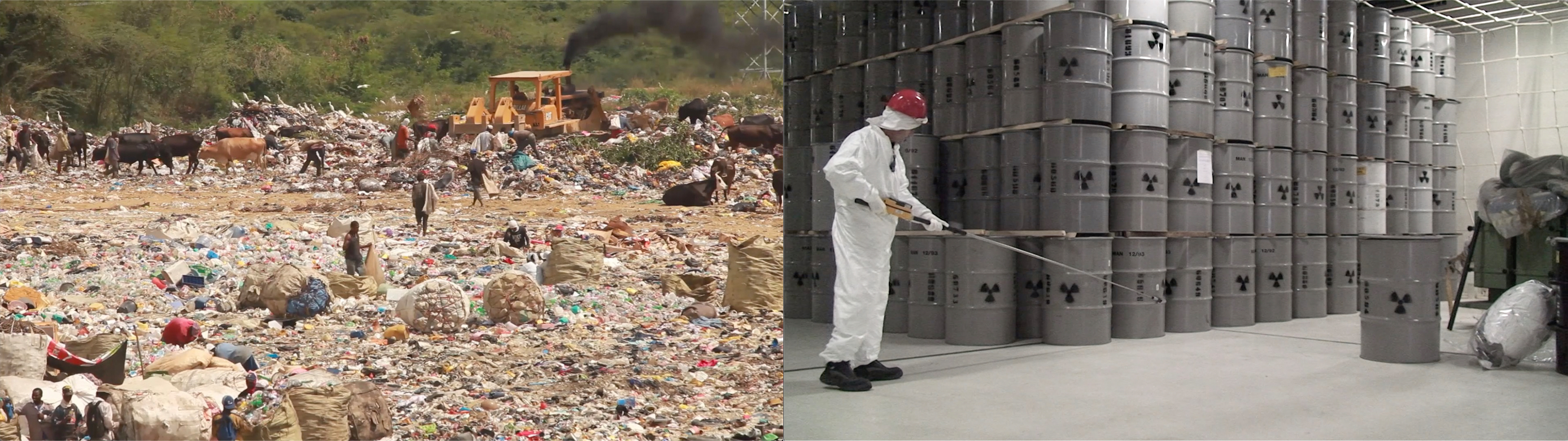 Two adjacent images, left: video still from video by Isabelle Carbonell and Duane Peterson showing a tip and recyclers. Right: still from video by Armin Linke showing a nuclear waste storage facility