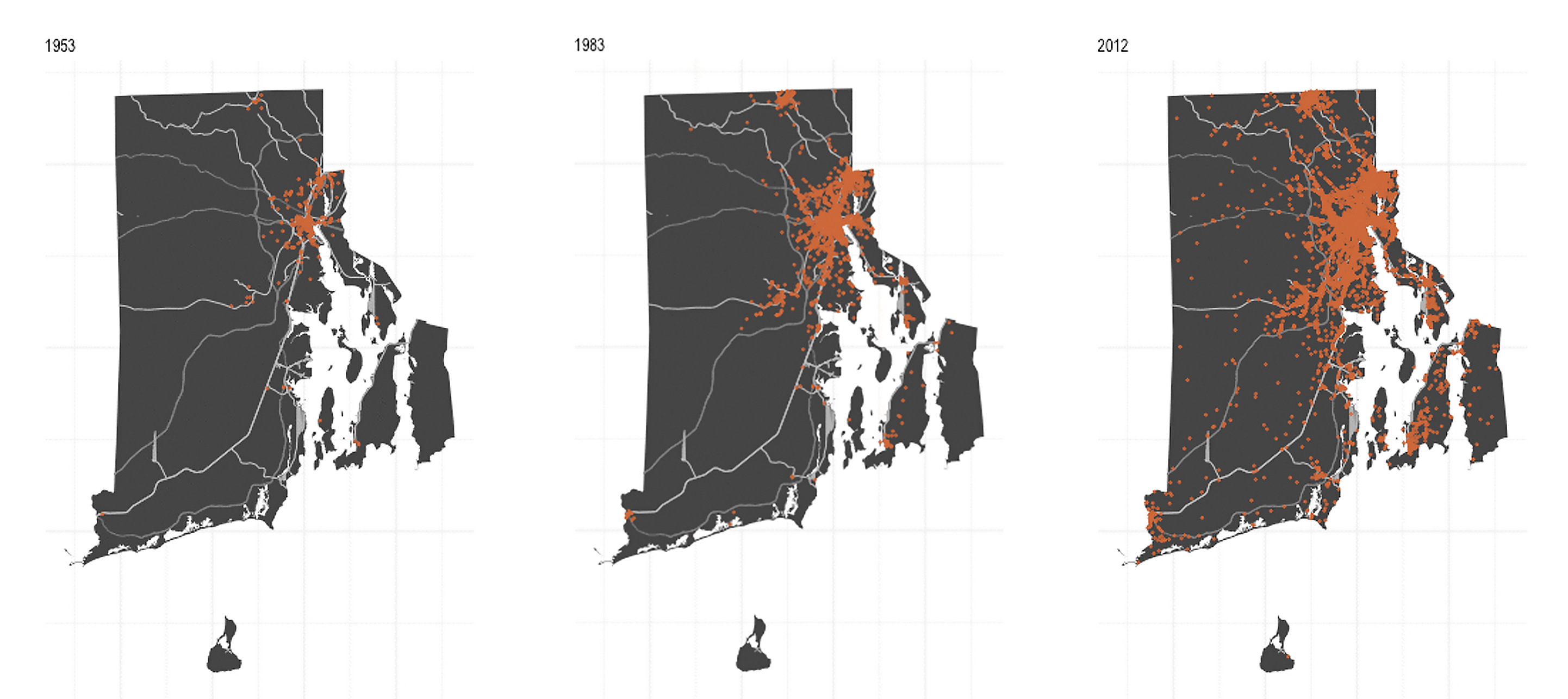 Map showing post-industrial sites across Rhode Island USA by Tom Marlow using data from the Rhode Island Directory of Manufacturers, 1953-2012.