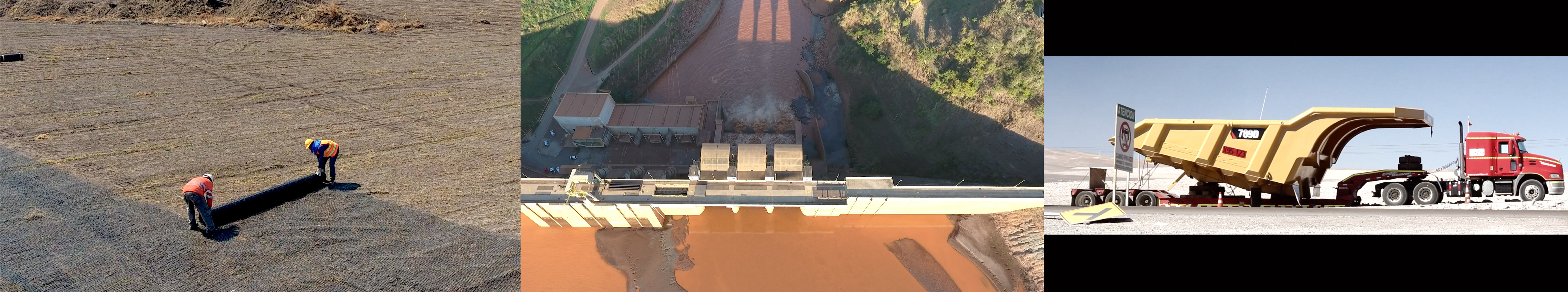 Three adjacent images: Left: still from video by Armin Linke Studios showing two workers. Middle: still from video by Isabelle Carbonell and Duane Peterson showing a Dam wall. Right: still from video by Anna Friz and Rodrigo Ríos Zunino. showing dump truck.