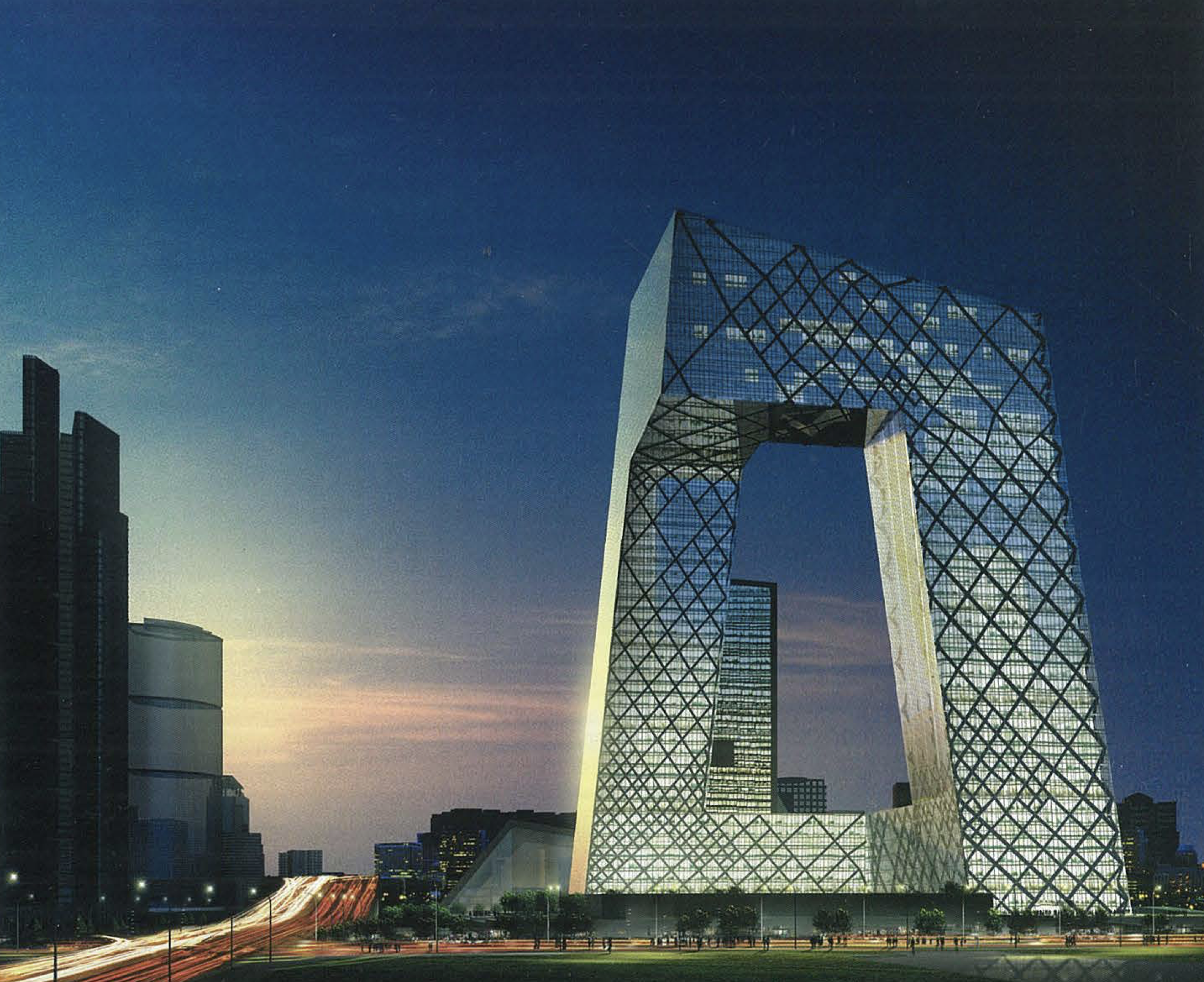 The CCTV building and surrounding landscape